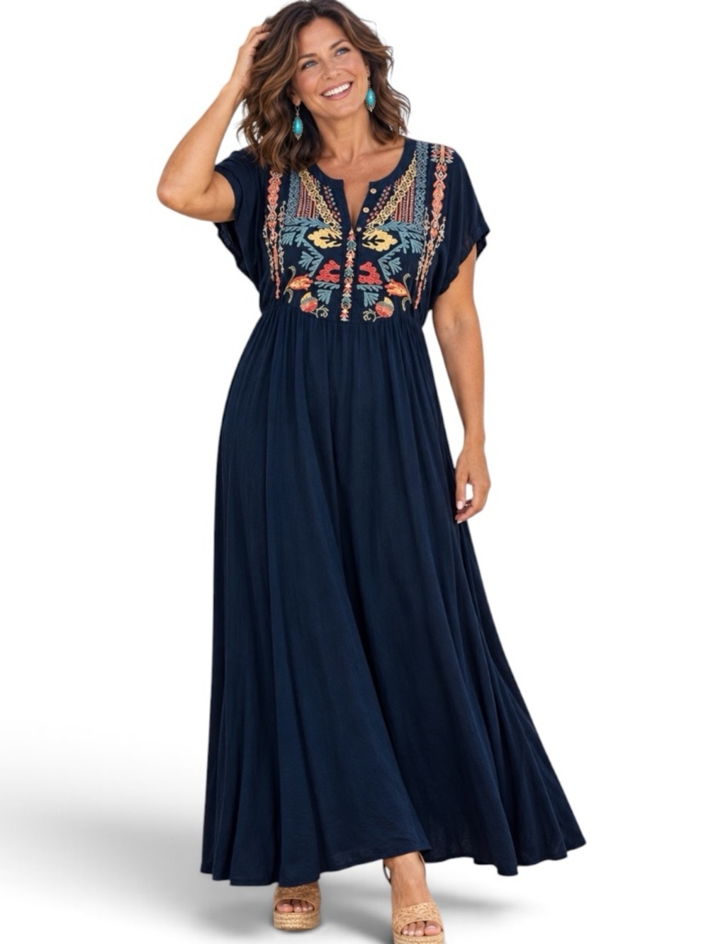 Johnny Was Biya Claudette deep navy Challis button down embroidered dress